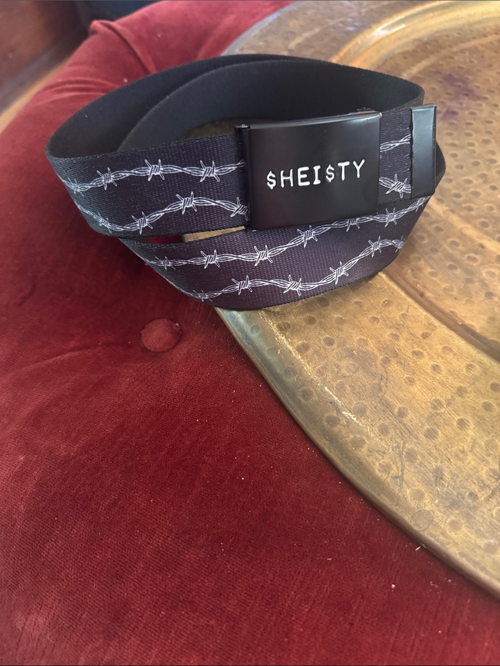 Black Barbed-Wire Print Webbing Belt
